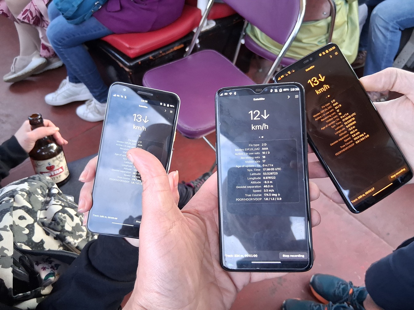A Pixel 3a and two OnePlus 6 phones in agreement of the speed of 12 or 13 km/h Three phones having rough consensus about the speed of the boat