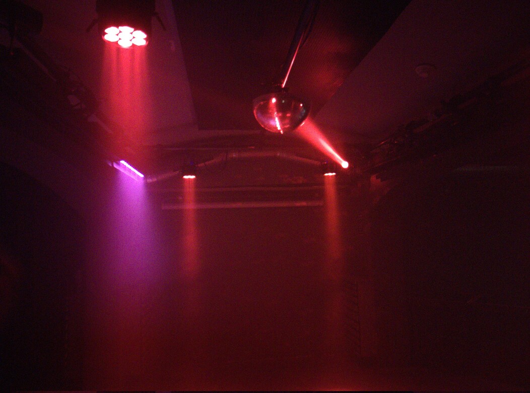 The dance floor is slightly foggy and cast in mostly red by the ceiling lights. There is also a pink ceilight light and a rotating discoball. No party is complete without a disco ball