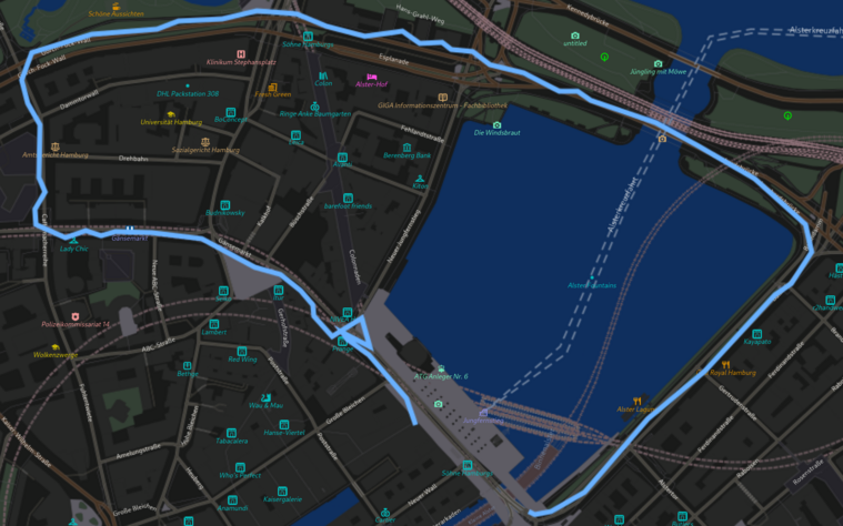 Screenshot of a recorded GPX track of our walk Walk around Hamburg