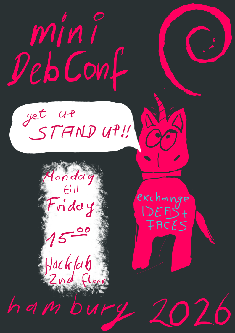 The flyer shows a red unicorn inviting the reader to 'get up STAND UP!!' at 15:00 from monday to friday to 'exchange IDEAS+FACES' in the hacklab of the second floor. Flyer by manut advertising the stand up